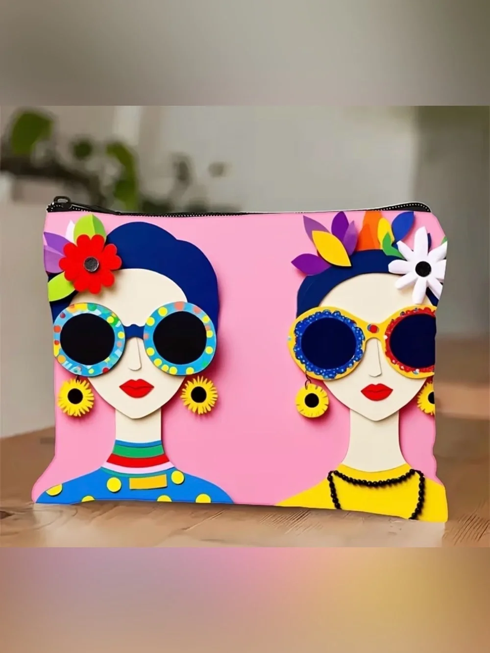 Colorful Frida-Inspired Pink Makeup Bag